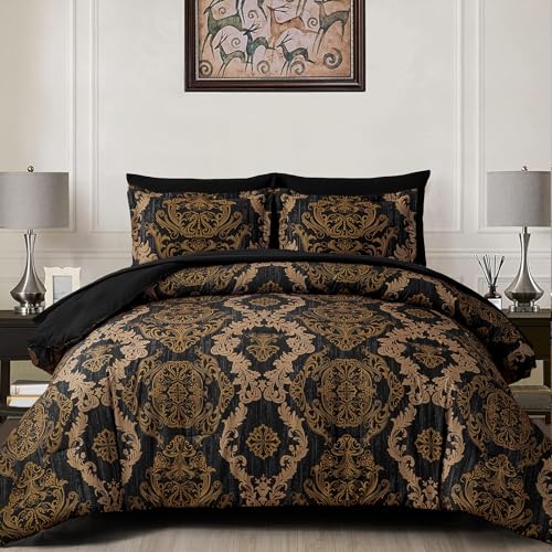 WONGS BEDDING Black Comforter Set King Size, Gold Damask Texture 7 Pieces Bed in a Bag Microfiber Comforter Bedding Sets -1 Comforter, 1 Flat Sheet, 1 Fitted Sheet, 2 Pillow Shams, 2 Pillowcases WONGS BEDDING