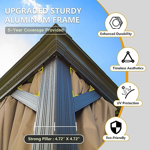 12' x 16' Hardtop Gazebo Outdoor Aluminum Gazebos Grill with Galvanized Steel Double Canopy for Patios Deck Backyard,Curtains&Netting by domi outdoor living Brown domi outdoor living