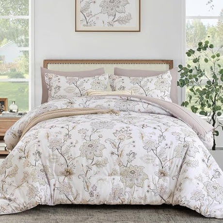 Luxudecor Floral Comforter Set King Size 7 Pieces Bed in a Bag, Beige Paisley Flower Bed Set, Soft Lightweight Comforter with Sheet Set 104"x90" Luxudecor