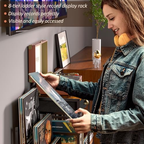 Record Player Stand with Vinyl Storage, Record Player Table with 8-Tier Vinyl Display Holder, Vinyl Record Stand Storage Up to 200 Albums, Turntable Stand with Metal Frame, End Table for Living Room ThreeHio
