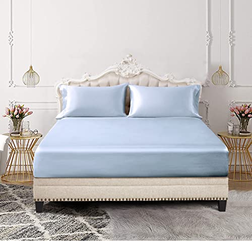 SiinvdaBZX 3-Piece Set Satin Full Fitted Sheet & 2 Pillowcase, Baby Blue Silky Soft Fitted Bottom Sheet, Wrinkle Free, Fade Resistant, Deep Pocket Bed Sheet (Deep Up to 15") SiinvdaBZX