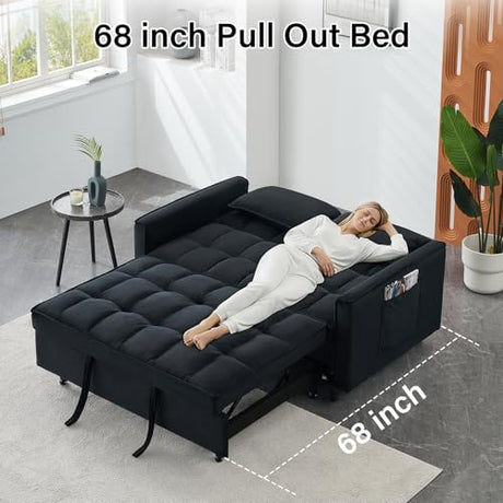 3 in 1 Convertible Sleeper Sofa Bed, Velvet Loveseat Futon Pull-Out Couch with Adjustable Reclining Backrest, Side Pockets and Pillows for Living Room, Bedroom, Apartment, Small Spaces (Black-Velvet) Ehsovlnut