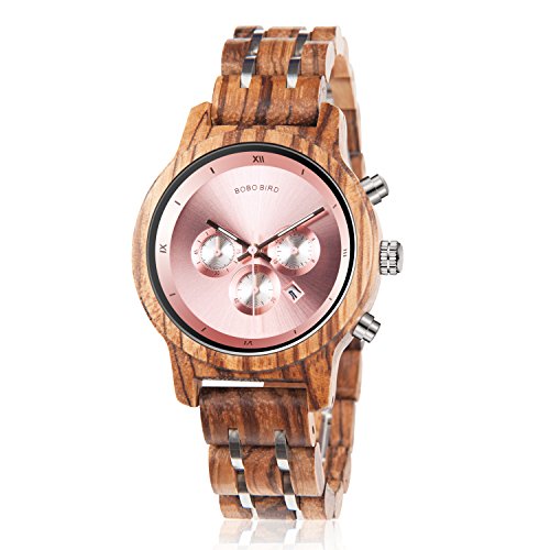 BOBO BIRD Women Wooden Watches Luxury Wood Metal Strap Chronograph & Date Display Quartz Watch Fashion Zebra Wood Casual Business Ebony Wristwatches (Zebra-Pink) BOBO BIRD