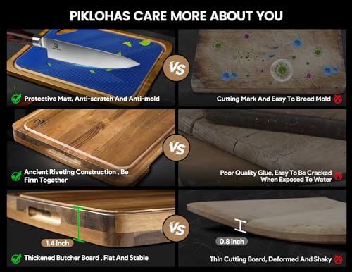 Piklohas Large Wood Cutting Boards, 7 Pieces Over Sink Chopping Board with Holder, Plastic Cutting Board Mats, Juice Groove, Handle Hole, Reversible Piklohas
