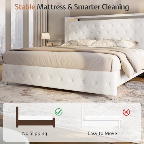 Jocisland Queen Bed Frame with LED Lights Headboard&Footboard, Velvet Upholstered Queen Size Platform Bed Frame No Box Spring Needed/White Jocisland