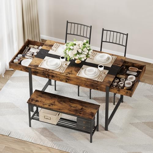 IDEALHOUSE Dining Table Set for 4, Small Kitchen Table and 2 Chairs for 4 with Bench, Breakfast Nook Rectangular Farmhouse Table Set, Space Saving Kitchen Table Set with Storage Drawers, Retro Brown IDEALHOUSE