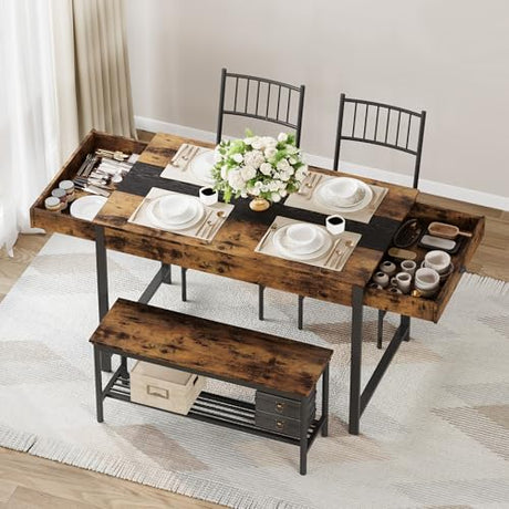 IDEALHOUSE Dining Table Set for 4, Small Kitchen Table and 2 Chairs for 4 with Bench, Breakfast Nook Rectangular Farmhouse Table Set, Space Saving Kitchen Table Set with Storage Drawers, Retro Brown IDEALHOUSE