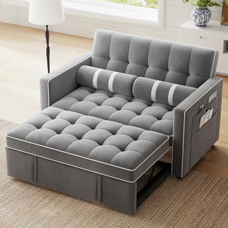 Marsail 3-in-1 Convertible Futon Sleeper Sofa Bed, Pull Out Couch with Adjustable Backrest, USB Charging & Side Pockets, Velvet Fabric Sofa for Living Room, Apartment, Loveseat, Grey Marsail