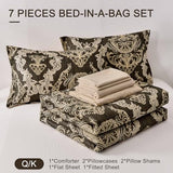 WONGS BEDDING 7 Pieces Comforter Set Queen Size,Damask Texture Design Bed in a Bag Bedding Sets,Brown Soft Lightweight Microfiber Bedding Set for All Season WONGS BEDDING