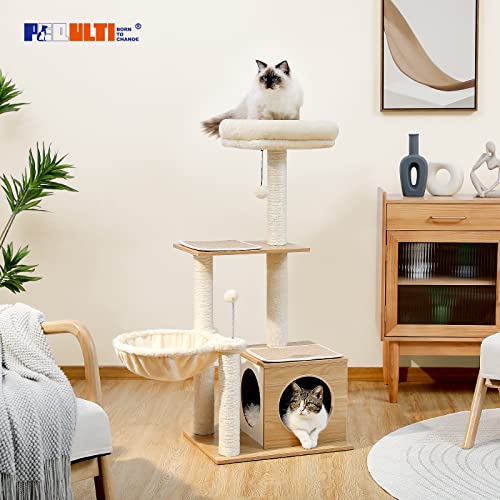 PEQULTI Cat Tree Modern Cat Tower for Indoor Cats,Multilevel Cat Play House with Large Condo, Spacious Hammock, Cozy Top Perch,Scratching Post and Dangling Balls PEQULTI