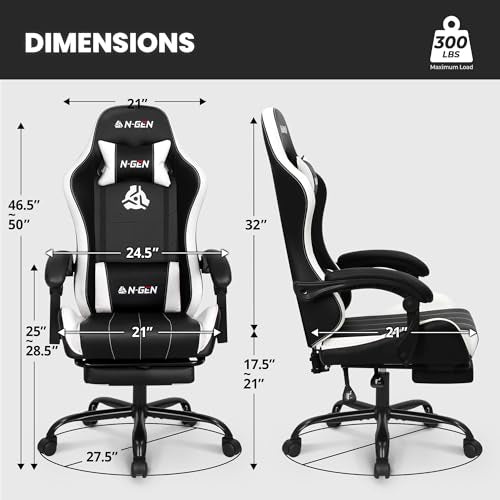 N-GEN GAMING Video Gaming Chair with Footrest Lumbar Support for Home Office High Back Recliner Height Adjustable Ergonomic Comfy Leather Computer Desk Chair (White) N-GEN GAMING
