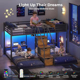 ADORNEVE Triple Bunk Bed with Storage Staircase, RGB Lights & Charging Station, Twin Over Twin, Heavy Duty Metal 3 Bunk Beds with Drawers & Headboard Shelf, Safety Guardrails, for Kids, Black ADORNEVE