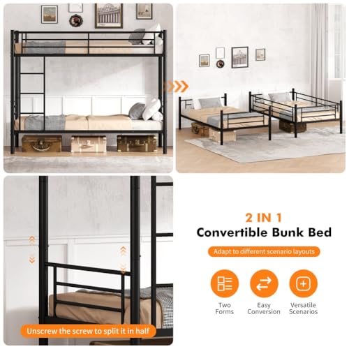 NestLude Metal Bunk Bed Twin Over Twin with Ladders & Guardrail, Industrial Beds Frame Heavy Duty 2 in 1, Space-Saving for Bedroom, Dormitory (Black) NestLude
