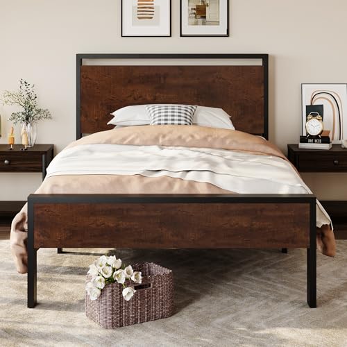 SHA CERLIN 14 Inch Twin Size Metal Platform Bed Frame with Wooden Headboard and Footboard, Mattress Foundation, No Box Spring Needed, Large Under Bed Storage, Heavy Duty Slats Support, Mahogany SHA CERLIN