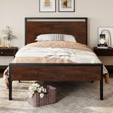 SHA CERLIN 14 Inch Twin Size Metal Platform Bed Frame with Wooden Headboard and Footboard, Mattress Foundation, No Box Spring Needed, Large Under Bed Storage, Heavy Duty Slats Support, Mahogany SHA CERLIN