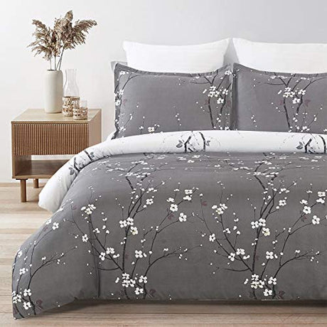 YEPINS Soft Brushed Microfiber Duvet Cover Set with Zipper Closure and Corner Ties, Plum Blossom Branch Floral Printed Pattern, Grey and White Color, Reversible Design- Queen(90x90 inches) YEPINS