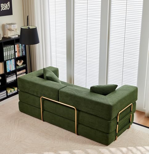 SEQAVRW 79" Boneless Sofa Bed, 5-in-1 No-Assembly Convertible Sleeper Couch with Fixed Frame Armrests, Modular Corduroy Futon, Compressed in a Box for Space Saving (Green, Includes 2 Pillows) SEQAVRW