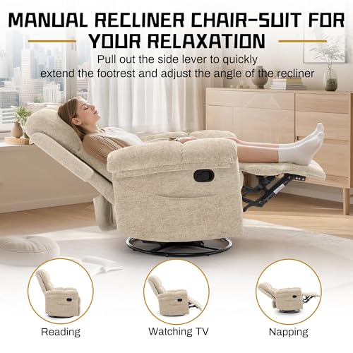 Korser Recliner Chair, Small Rocker Recliner Chair for Adults, Swivel Recliners for Small Spaces, Manual Recliner, Upholstered Nursery Rocking Chair for Living Room, Chenille, Khaki