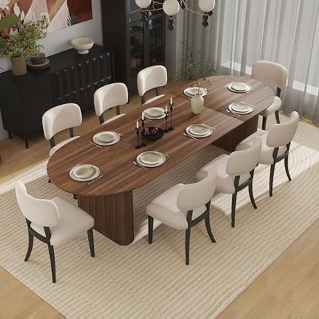 SIZOTA 59" to 91" Extendable Dining Table Set for 4-8, Oval Kitchen Table with MDF Faux Wood Tabletop and 8 Upholstered Solid Wooden Chairs, Space-Saving Kitchen & Dining Room Furniture (Walnut) SIZOTA