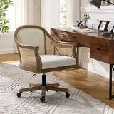 HULALA HOME Rattan Desk Chair, Upholstered Home Office Chair, Vintage Office Chair with Armrest, Adjustable Swivel Rolling Height Task Chair for Living Room Bedroom Study Room, Ivory HULALA HOME