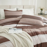 Litanika Brown Comforter Set Full - 3 Pieces Lightweight Brown White Colorblock Stripe Fluffy Bedding Comforter Sets, All Season Bed Set