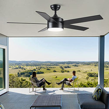 POCHFAN 52 inch Black Ceiling Fans with Lights and Remote Control, Dimmable 3-Color Temperatures LED Ceiling Fan, Wooden Quiet Reversible Modern Ceiling Fan for Bedroom, Living Room, Dining Room POCHFAN