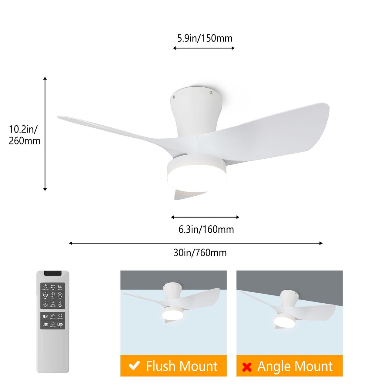OPONL White Ceiling Fan with Light 30inch, Large Air Volume, Ceiling Fans with Lights for Bedroom Kitchen Dining room Patio OPONL