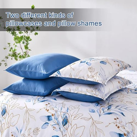 WONGS BEDDING 7 Pieces Blue Floral Bed in a Bag King, Botanical Comforter Set Reversible Blue Gold Leaves Bedding Set King (1 Comforter,2 Pillowcase,2 Pillow Shams,1 Flat Sheet,1 Fitted Sheet) WONGS BEDDING