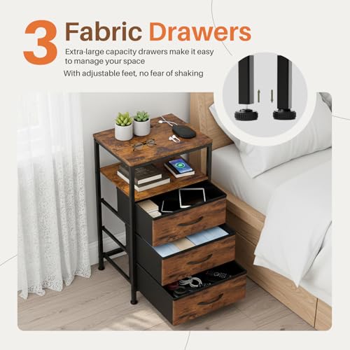 Sweetcrispy Nightstand with Charging Station, Bedside End Table with 3 Fabric Drawers & USB/Type-C Ports and Outlets, Night Stand for Bedroom Furniture, Adjustable Feet and Variable Light Strip, Rust Sweetcrispy