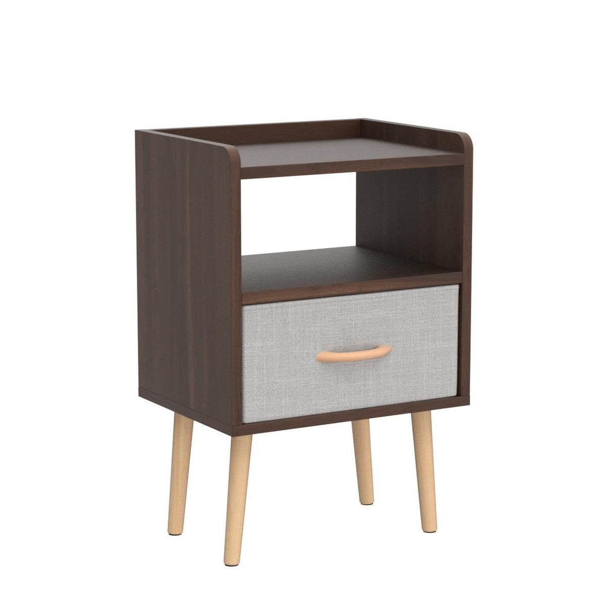 LUCKNOCK NightStand with Fabric Drawer, Bedside Table with Solid Wood Legs, Minimalist and Practical End Side Table with Open Storage Shelf for Bedroom, Rustic Brown. LUCKNOCK
