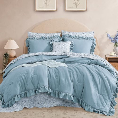 BLOOMHAVEN Queen Comforter Set - 7 Pieces Ruffle Blue Bedding Sets, Shabby Chic Farmhouse Bed in a Bag Queen with Ruffle Comforter, Floral Sheets, Pillowcases & Shams BLOOMHAVEN