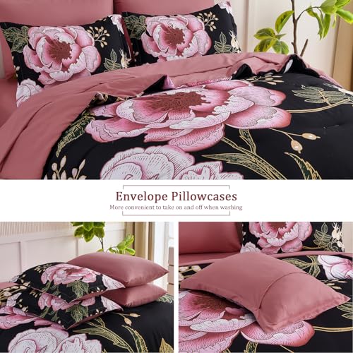 Luxudecor Floral Queen Comforter Set 7 Pieces Bed in a Bag, Pink Flower Print on Black Bedding Set, Soft Reversible Comforter with Sheet Set 90"x90" Luxudecor