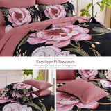 Luxudecor Floral Queen Comforter Set 7 Pieces Bed in a Bag, Pink Flower Print on Black Bedding Set, Soft Reversible Comforter with Sheet Set 90"x90" Luxudecor