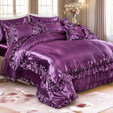 MOVE OVER Purple Satin Comforter Set King Size Purple Ruffle Bedding Set 8 Pieces Satin Bed in a Bag Farmhouse Shabby Chic Ruffle Design Silk Like Satin Comforter Sets MOVE OVER
