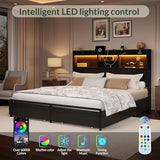 LARMACE King Size Bed Frame with 6 Storage Drawers and Headboard Wooden Platform Bed Frame with LED Lights and Charging Station Easy Assembly/No Box Spring Needed/Black LARMACE
