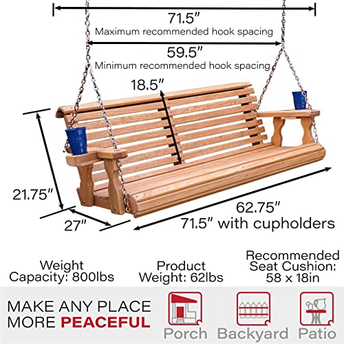 Amish Casual Heavy Duty 800 Lb Roll Back 5ft. Treated Porch Swing with Cupholders - Cedar Stain - WoodArtSupply