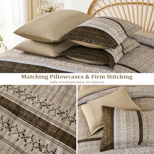 Dintszyayue Brown Comforter Set Queen Size, 8 Pieces Boho Striped Bed in a Bag Soft Microfiber Bedding Set for All Season Dintszyayue