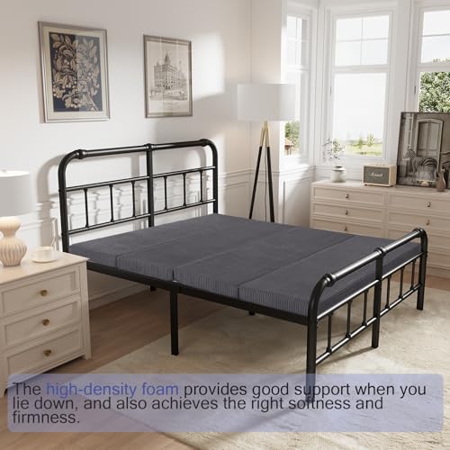 MeMoreCool Folding Foam Futon Mattress Queen, Foldable Japanese Floor Mattress, Sleeping Mat Pad for Adults Guests Sleepovers, 3 in Thick Tatami Mat Portable Shikibuton, Dark Grey MeMoreCool