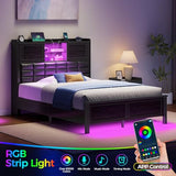 Rolanstar Bed Frame Twin Size with Charging Station, Bookcase Headboard Bed with LED Light and Sliding Doors, Platform Bed with Wooden Slats, No Box Spring Needed, Noise Free, Black Rolanstar
