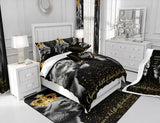 3D Lion Couple Comforter Set Queen Size,Golden Glitter King and Queen Crown Bedding Set for Kids Girls Women Men Bedroom Decor,African Wild Animals Quilt Set Valentine's Day Duvet Insert,Black Castle Fairy