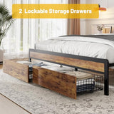 King Size Metal Platform Bed Frame with 2 Storage Drawers, LED Light, Velvet Headboard with USB Port - Heavy Duty, Brown Wooden Panel, No Box Spring Needed - King Bed Frame with Storage (Brown, King) LUBEDCY