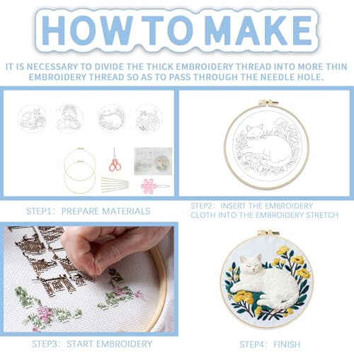FREEBLOSS 6 Set Embroidery Kit Cat and Flower Stamped Embroidery Starter Kit with Step by Step Instructions, Colored Threads, 2 Hoops, Needlepoint Kits for Hand Craft Lovers Gift, 30cm/11.8inch