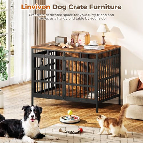 Linvivon 47 Inch Dog Crate Furniture, Heavy Duty Dogs Kennel for Small Medium Large Dogs, Double Doors Indoor Decor Pet House Cage, Anti Escape Wooden Dog Cage with Name Tag End Table, TV Stand, Brown Linvivon