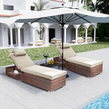 Rophefx Outdoor PE Wicker Patio Lounge Chairs Set of 2, Outside Rattan Pool Lounge Chair with Cup Holder & Adjustable Backrest, Brown Rattan Recliners for Poolside Deck Beach Yard (Beige Cushions)