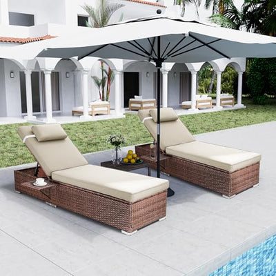 Rophefx Outdoor PE Wicker Patio Lounge Chairs Set of 2, Outside Rattan Pool Lounge Chair with Cup Holder & Adjustable Backrest, Brown Rattan Recliners for Poolside Deck Beach Yard (Beige Cushions)