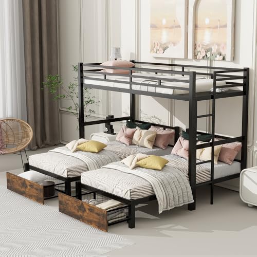 kuurfuurdo Metal Triple Bunk Bed for Kids, Detachable TwinXL Over Twin Over Twin Triple Bunk Bed with Guardrails, Ladder & Storage Drawer, Converts to 3 Separate Beds (3 Bunk Beds for Kids) kuurfuurdo