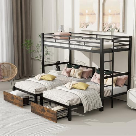 kuurfuurdo Metal Triple Bunk Bed for Kids, Detachable TwinXL Over Twin Over Twin Triple Bunk Bed with Guardrails, Ladder & Storage Drawer, Converts to 3 Separate Beds (3 Bunk Beds for Kids) kuurfuurdo