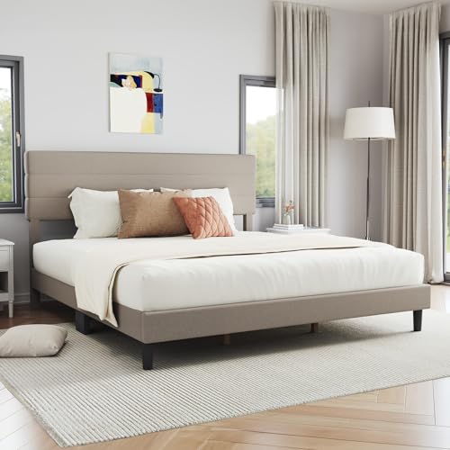 Novilla King Bed Frame and Headboard, King Bed Frame, Linen Upholstered Stripe Bed Frames, No Box Spring Needed, Heavy Duty Feet, Easy Assembly, Beige Novilla