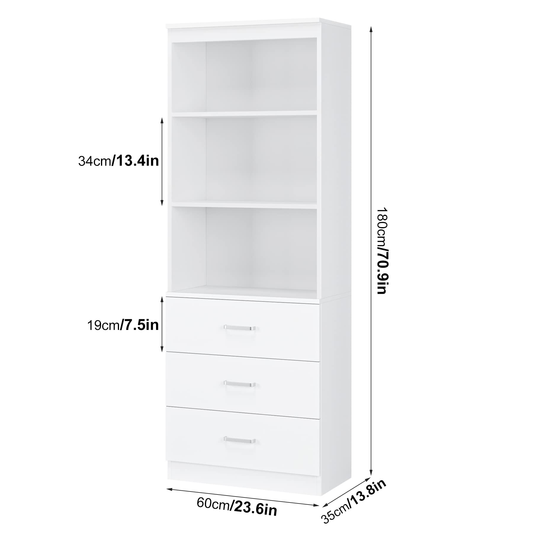 FOTOSOK 71-Inch Tall White Storage Cabinet with 3 Drawers and 3 Open Shelves - WoodArtSupply