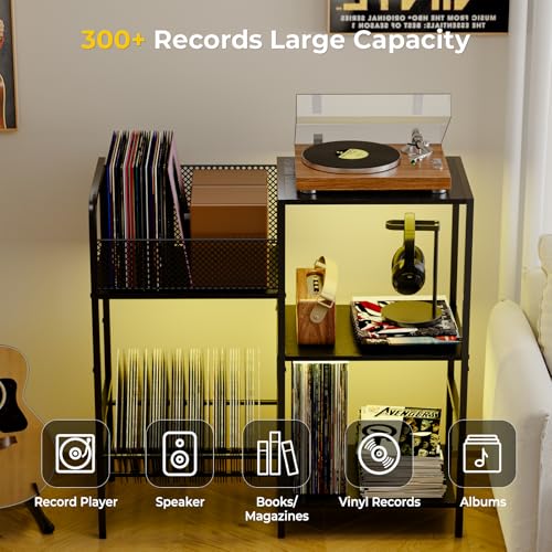 Record Player Stand with LED Light, Turntable Stand with Vinyl Storage - Up to 300+ Albums, 3-Tier Record Player Table Cabinet, Adjustable Shelf & V-Shaped Holder, Vinyl Display Shelf for Living Room Nidouillet